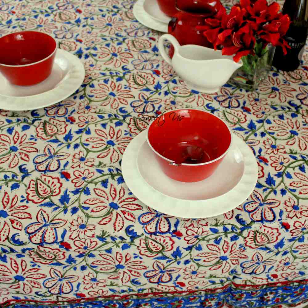 Venetia Block Print Floral Tablecloth Square Ink Blue, Red, Green, Beige