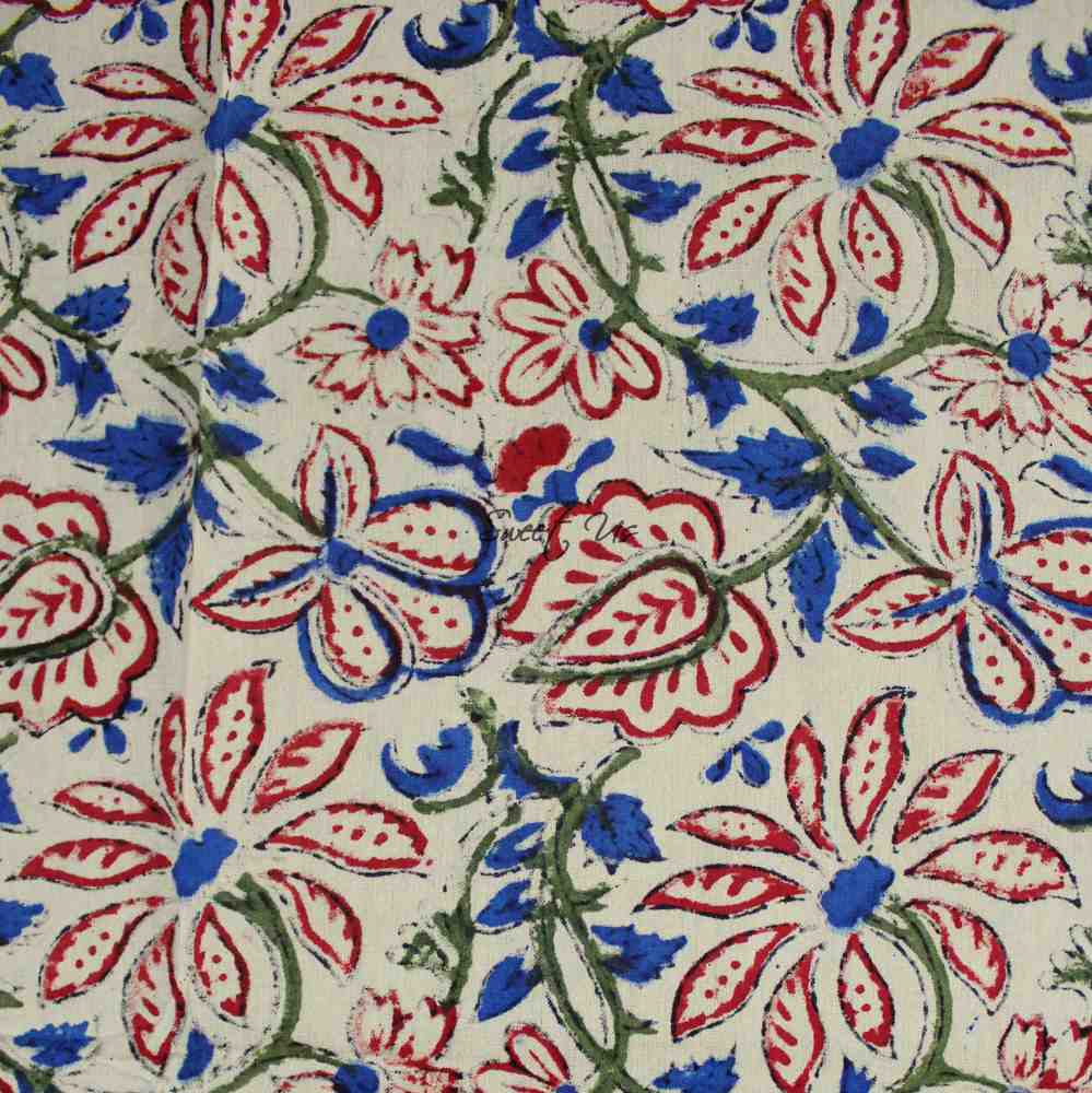 Venetia Block Print Floral Tablecloth Square Ink Blue, Red, Green, Beige