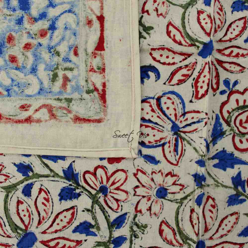 Venetia Block Print Floral Tablecloth Square Ink Blue, Red, Green, Beige