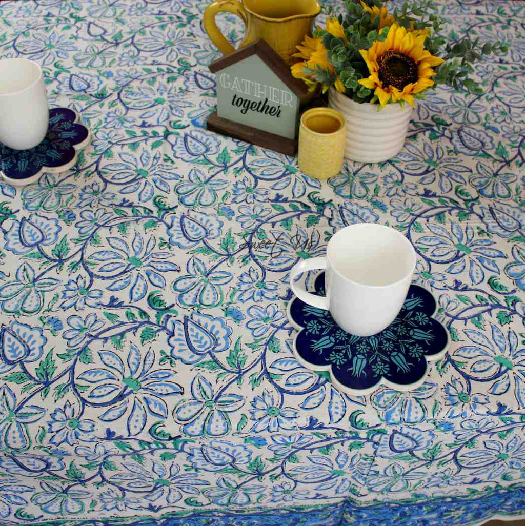 Venetia Block Print Floral Tablecloth Square Denim Blue, Green, White
