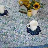 Venetia Block Print Floral Tablecloth Square Denim Blue, Green, White