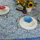 Venetia Block Print Floral Tablecloth Square Denim Blue, Green, White