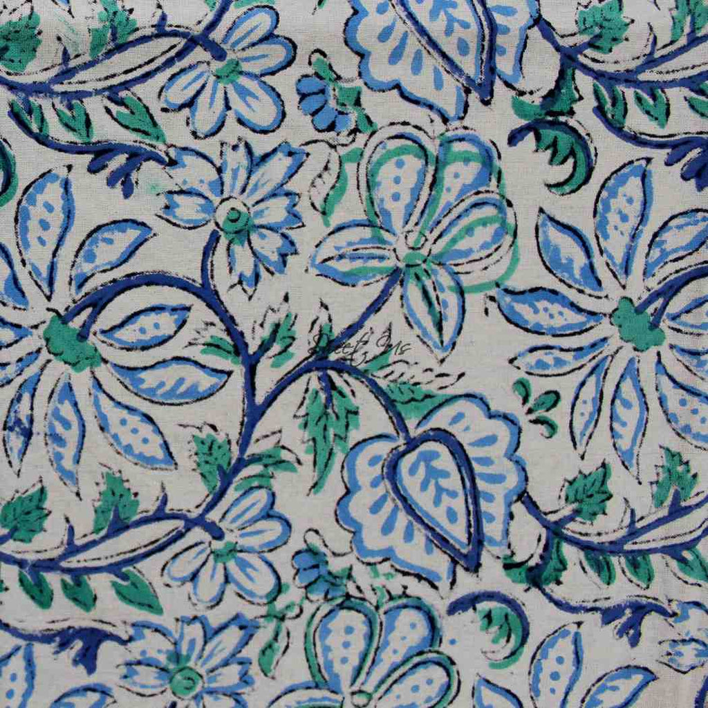 Venetia Block Print Floral Tablecloth Square Denim Blue, Green, White