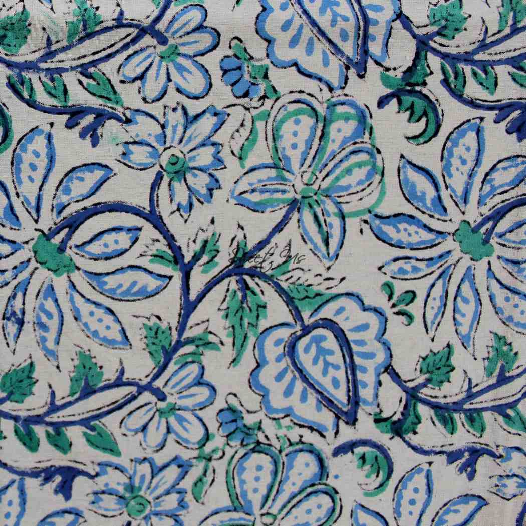 Venetia Block Print Floral Tablecloth Square Denim Blue, Green, White