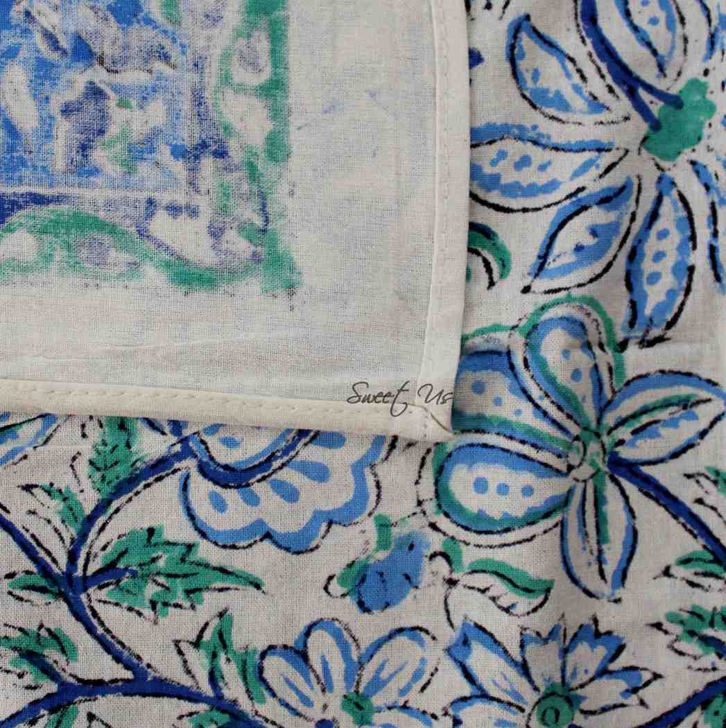 Venetia Block Print Floral Tablecloth Square Denim Blue, Green, White