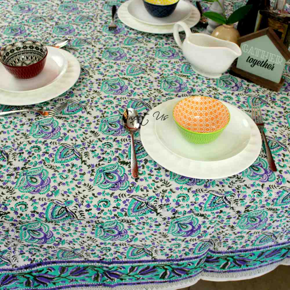 Ashlyn Block Print Floral Tablecloth Square Turquoise, Purple, Beige