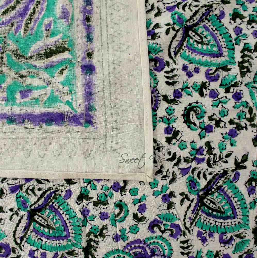 Ashlyn Block Print Floral Tablecloth Square Turquoise, Purple, Beige