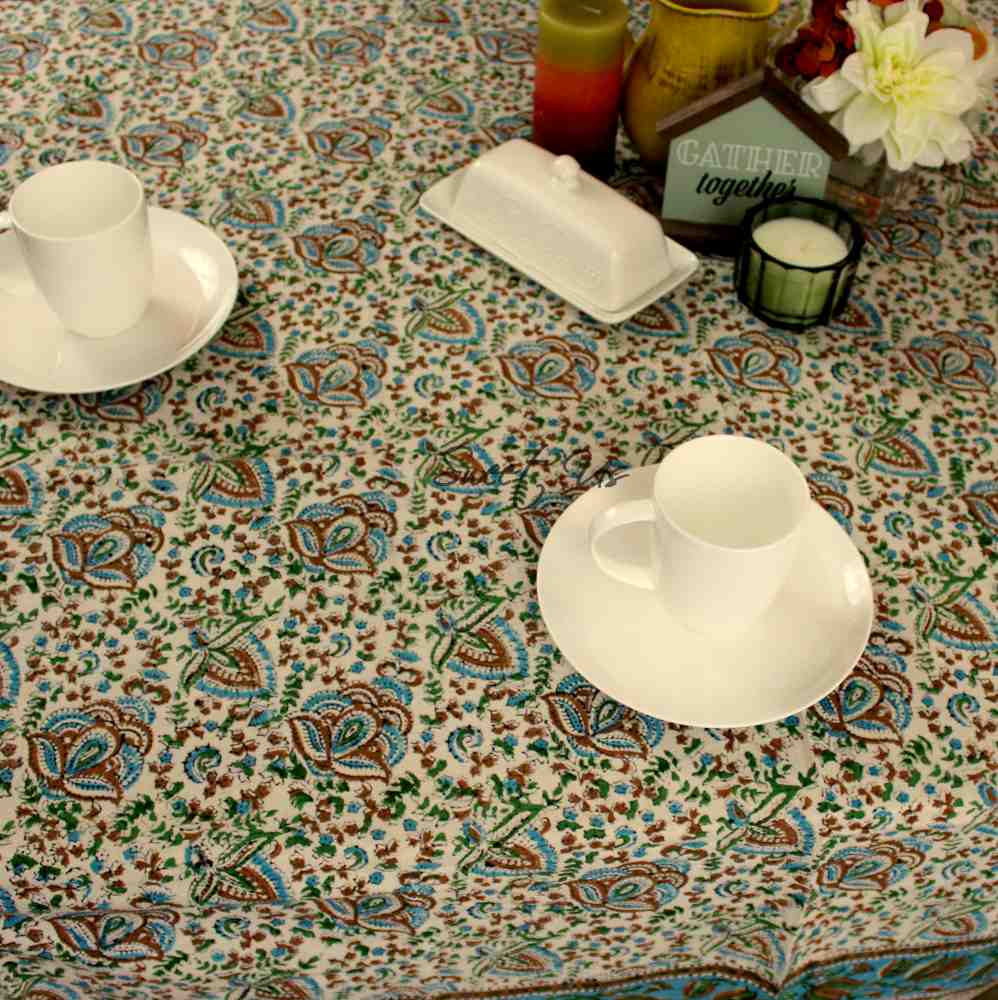 Ashlyn Block Print Floral Tablecloth Square Sky Blue, Gold, Green, Beige