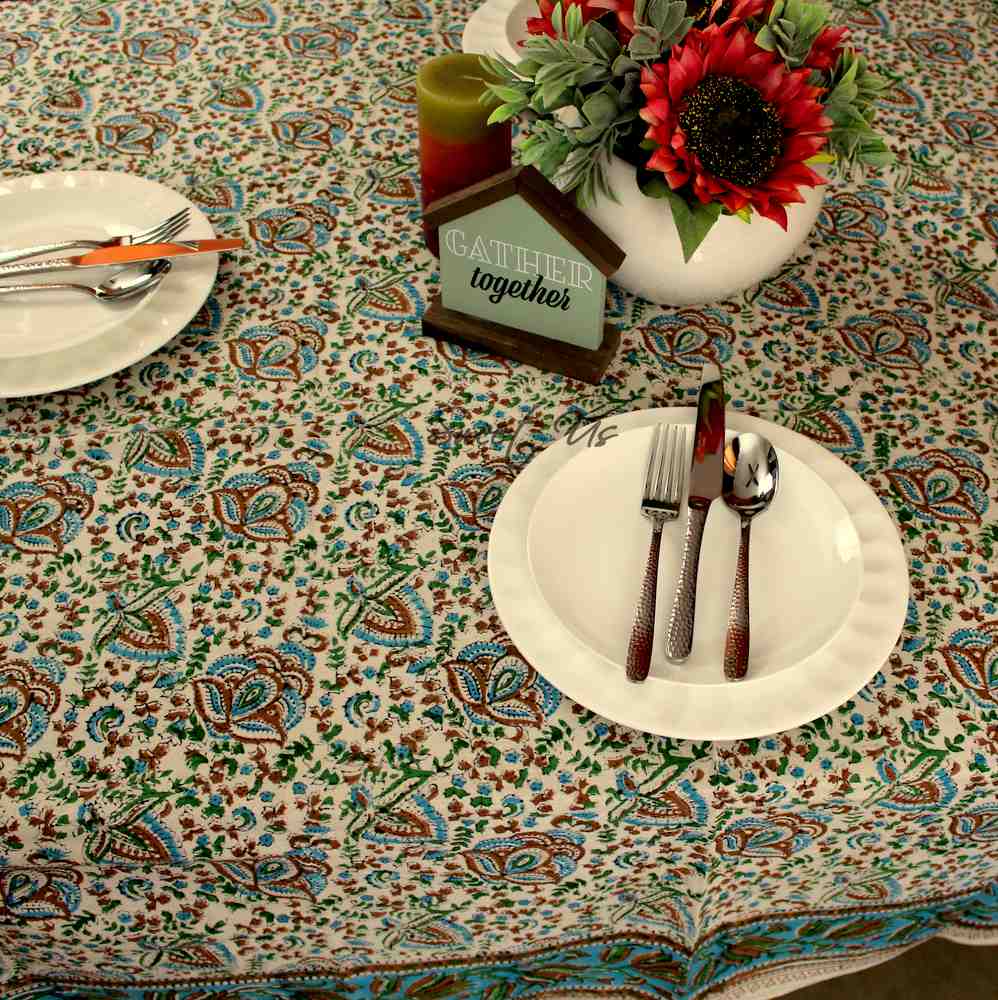 Ashlyn Block Print Floral Tablecloth Square Sky Blue, Gold, Green, Beige