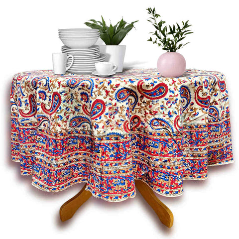 Block Print Tablecloth Round, Floral Paisley Elephants in Red, Blue, Tan, Beige