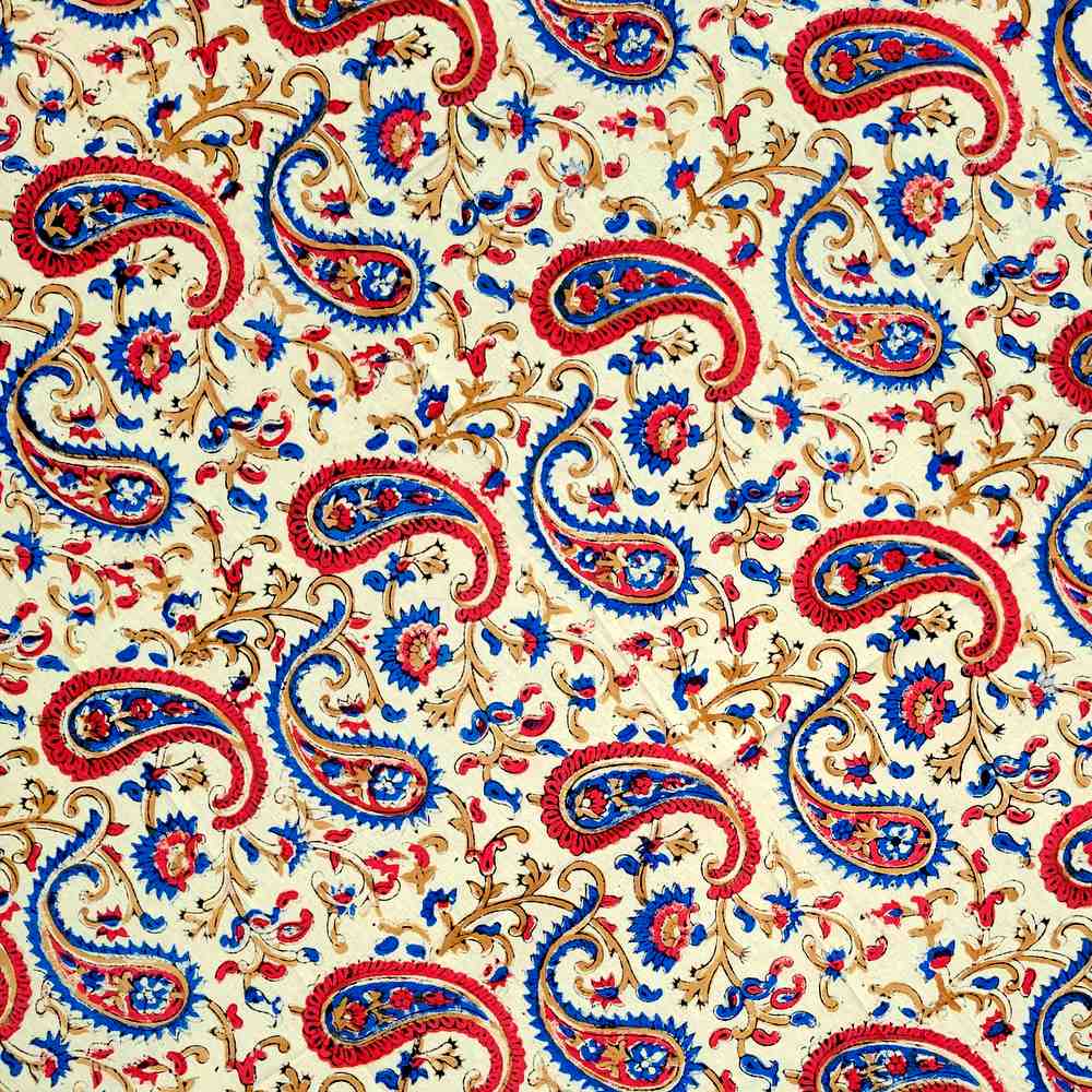 Block Print Tablecloth Round, Floral Paisley Elephants in Red, Blue, Tan, Beige