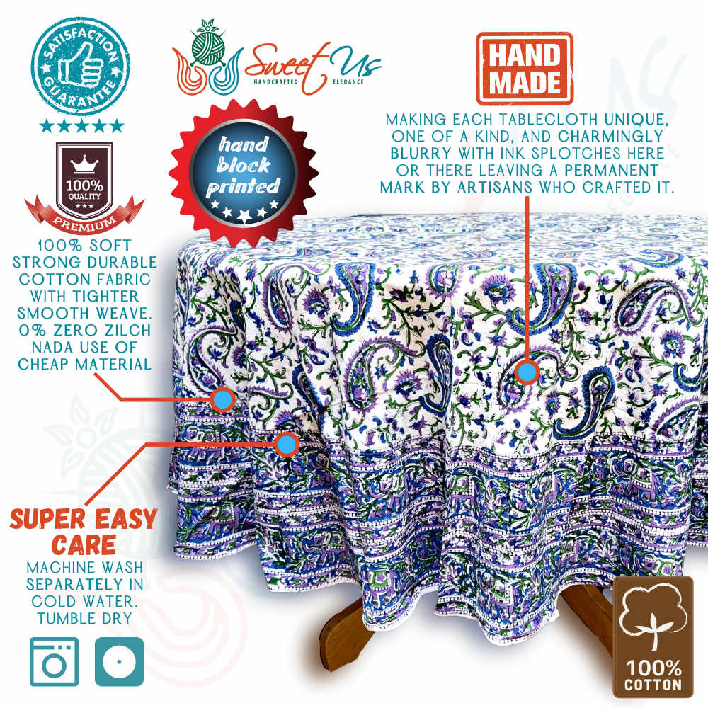Block Print Tablecloth Round, Floral Paisley Elephants in Blue, Green, Purple