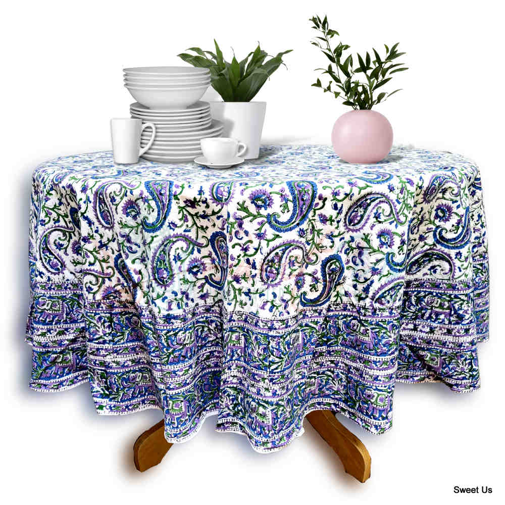 Block Print Tablecloth Round, Floral Paisley Elephants in Blue, Green, Purple