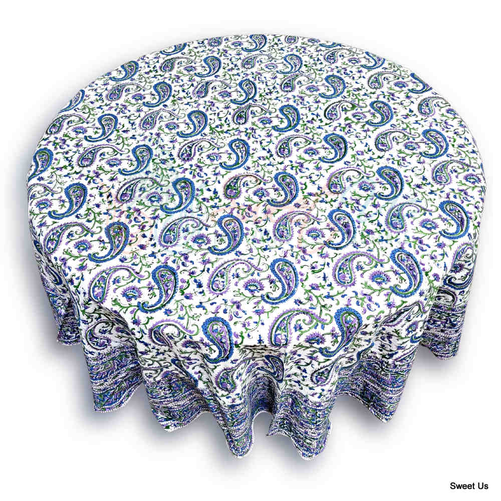 Block Print Tablecloth Round, Floral Paisley Elephants in Blue, Green, Purple