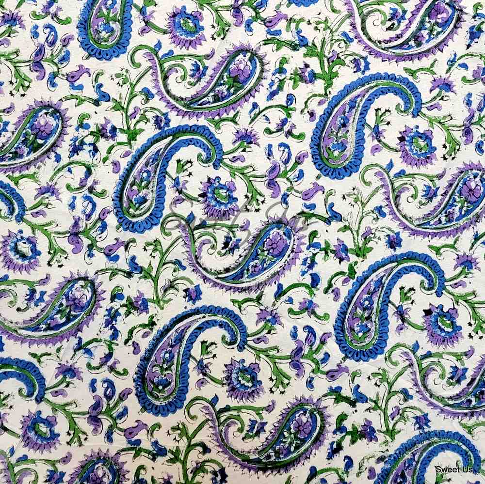 Block Print Tablecloth Round, Floral Paisley Elephants in Blue, Green, Purple
