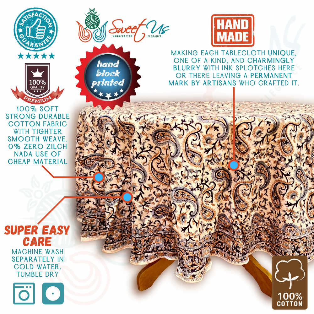 Block Print Tablecloth Round, Floral Paisley Elephants in Blue, Gold, Gray