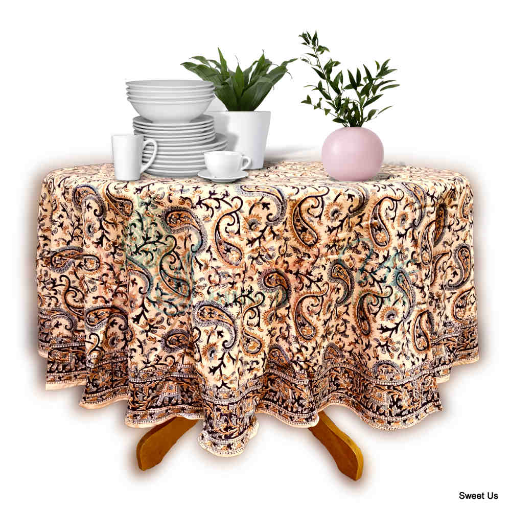 Block Print Tablecloth Round, Floral Paisley Elephants in Blue, Gold, Gray