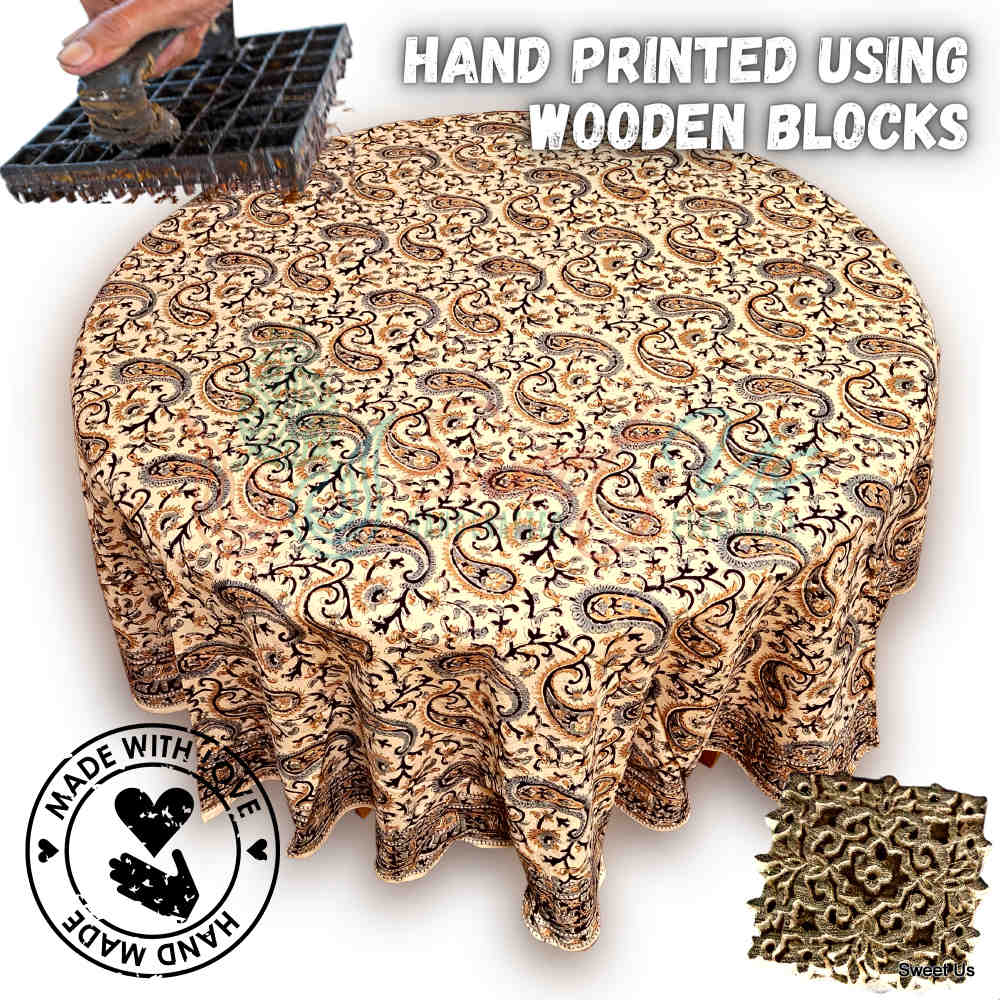 Block Print Tablecloth Round, Floral Paisley Elephants in Blue, Gold, Gray