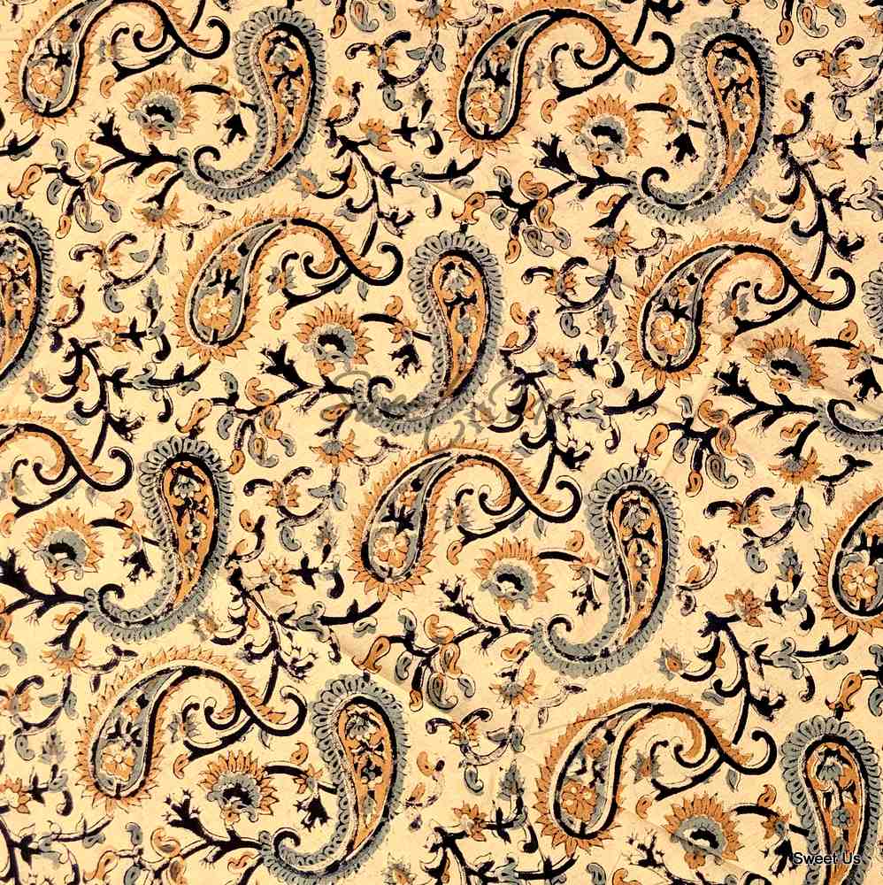 Block Print Tablecloth Round, Floral Paisley Elephants in Blue, Gold, Gray