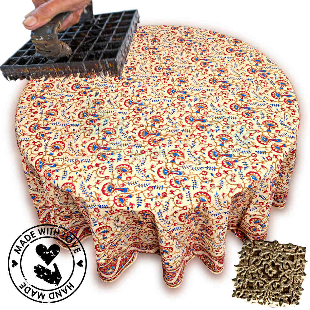 Block Print Tablecloth Round, Floral Vine Print in Blue, Gold, Red, Beige