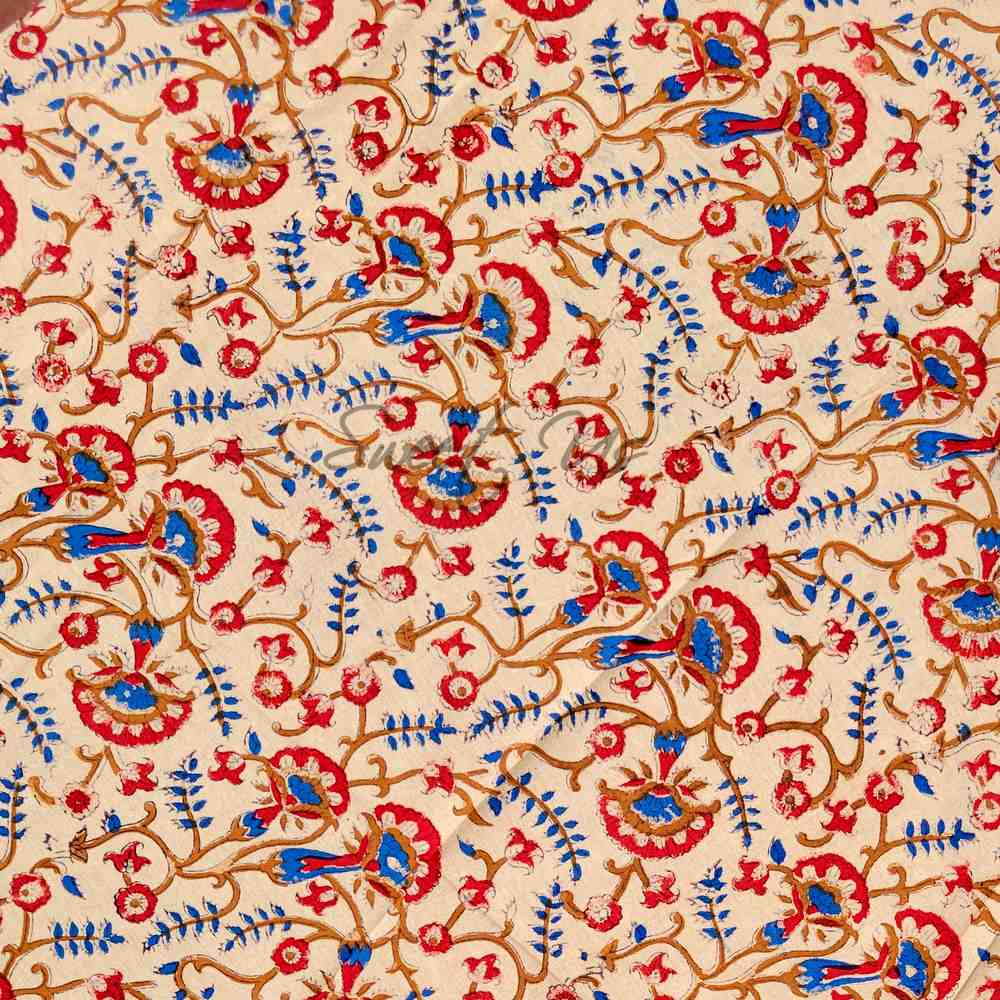 Block Print Tablecloth Round, Floral Vine Print in Blue, Gold, Red, Beige