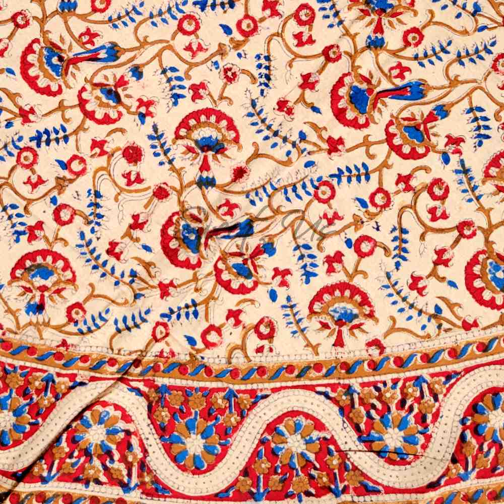 Block Print Tablecloth Round, Floral Vine Print in Blue, Gold, Red, Beige