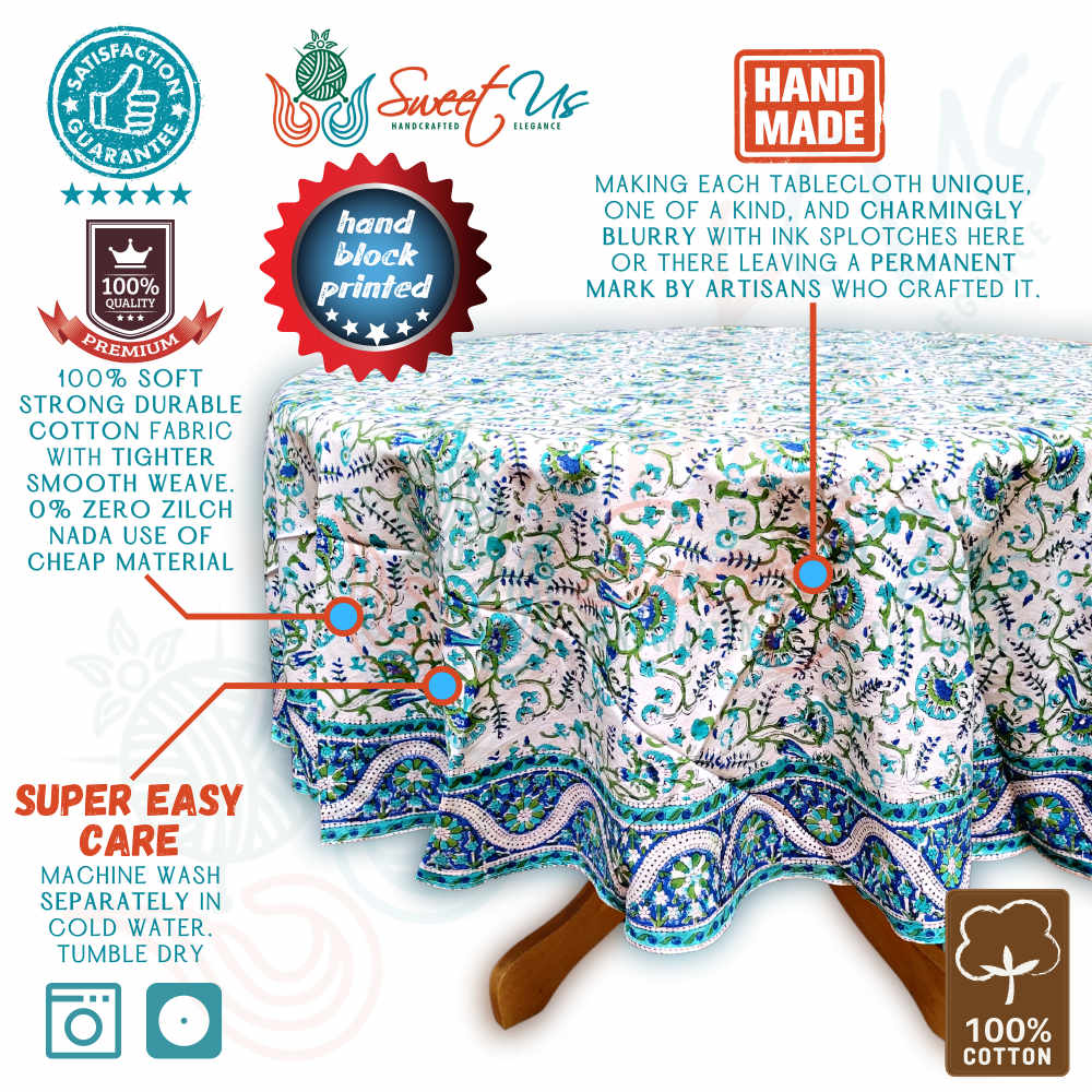 Block Print Tablecloth Round, Floral Vine Print in Blue, Green, Turquoise