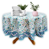 Block Print Tablecloth Round, Floral Vine Print in Blue, Green, Turquoise