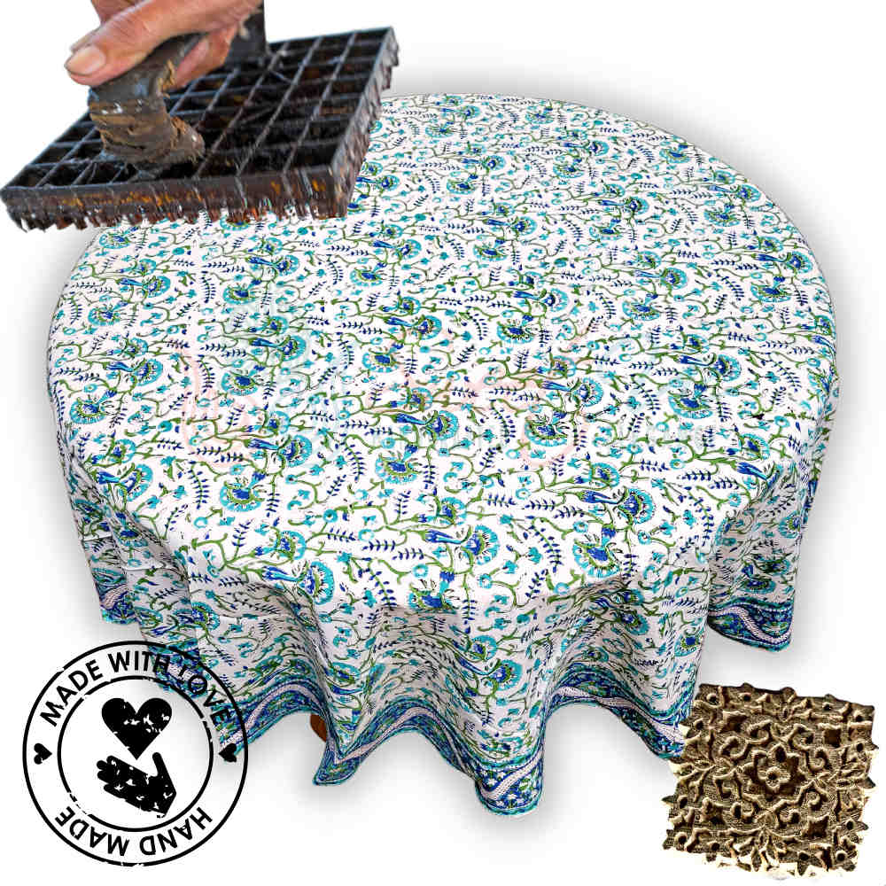 Block Print Tablecloth Round, Floral Vine Print in Blue, Green, Turquoise