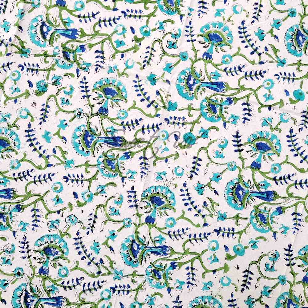 Block Print Tablecloth Round, Floral Vine Print in Blue, Green, Turquoise