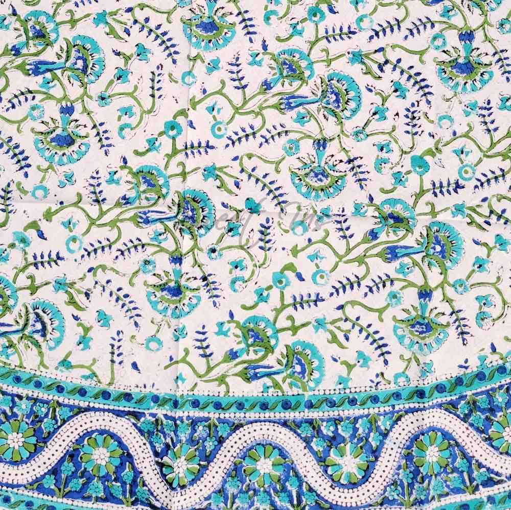 Block Print Tablecloth Round, Floral Vine Print in Blue, Green, Turquoise