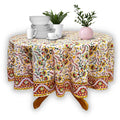Block Print Tablecloth Round, Floral Vine Print in Olive Green Yellow Red - Sweet Us