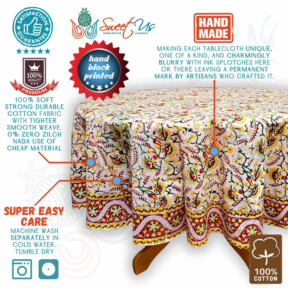 Block Print Tablecloth Round, Floral Vine Print in Olive Green Yellow Red