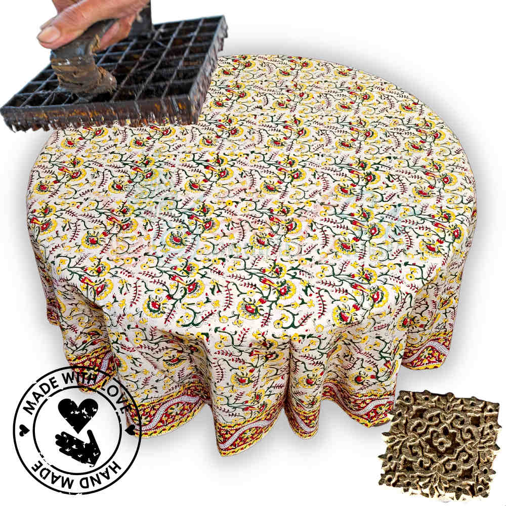 Block Print Tablecloth Round, Floral Vine Print in Olive Green Yellow Red