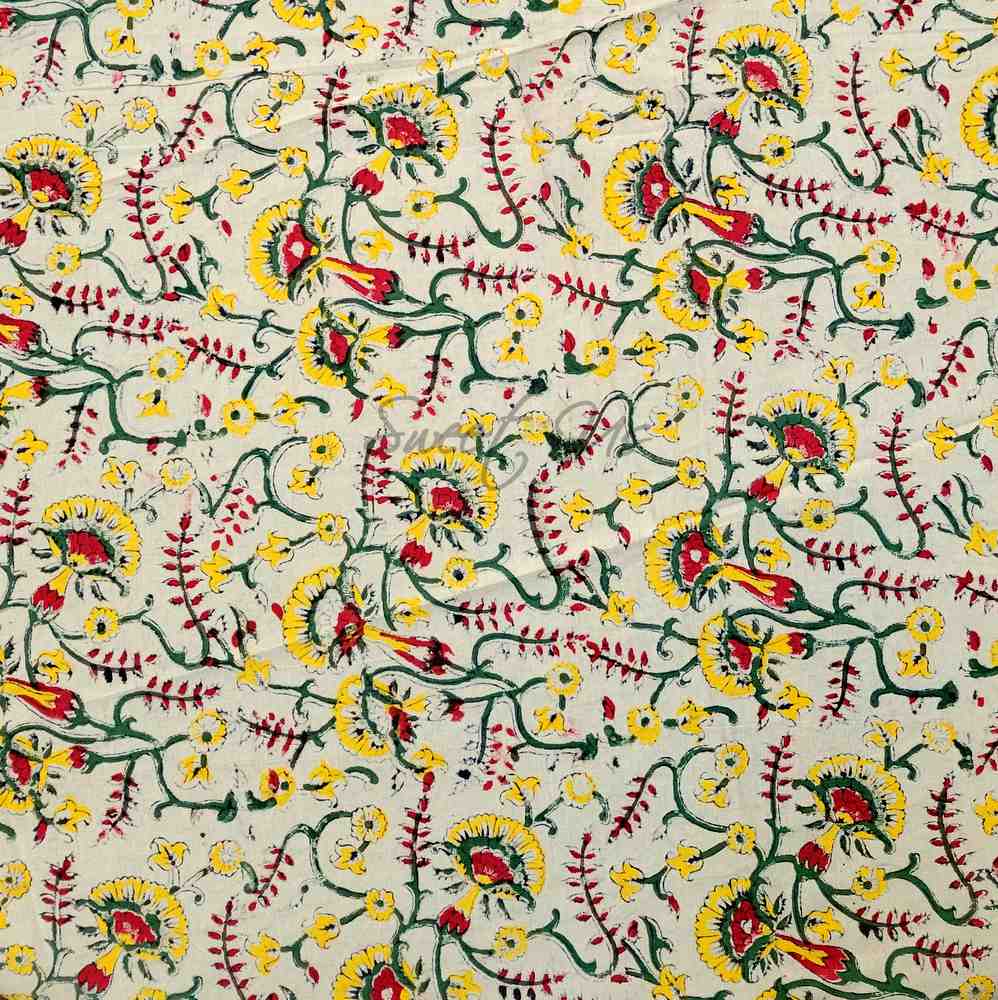 Block Print Tablecloth Round, Floral Vine Print in Olive Green Yellow Red