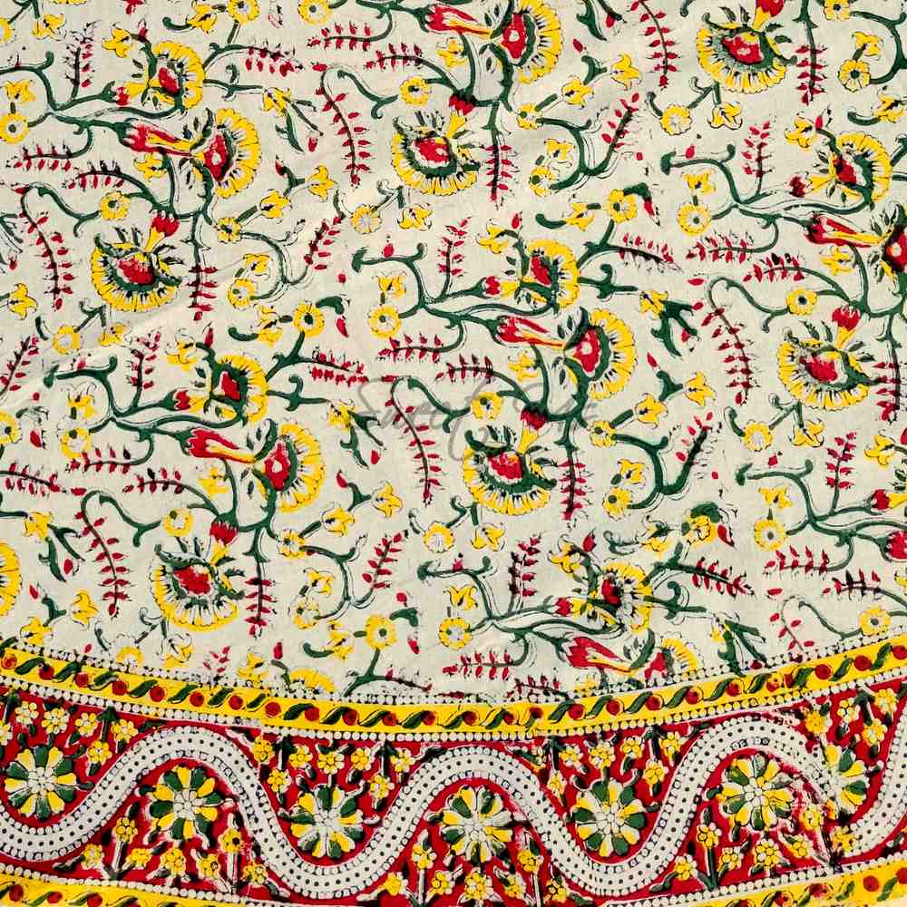 Block Print Tablecloth Round, Floral Vine Print in Olive Green Yellow Red