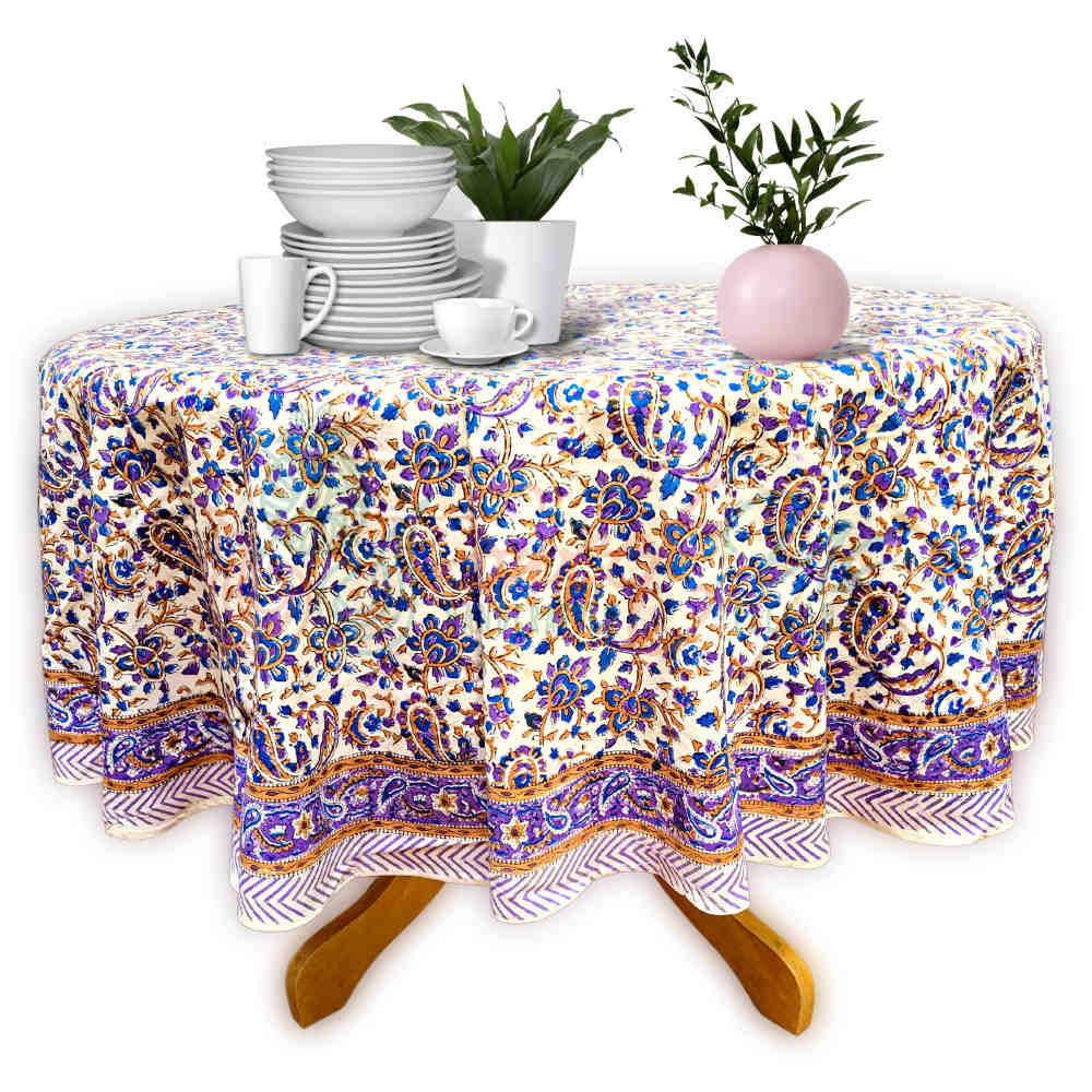 Block Print Tablecloth Round, Floral Paisley Love in Blue, Gold, Purple