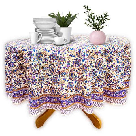 Block Print Tablecloth Round, Floral Paisley Love in Blue, Gold, Purple