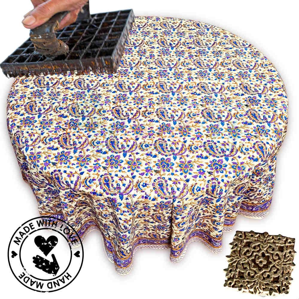 Block Print Tablecloth Round, Floral Paisley Love in Blue, Gold, Purple