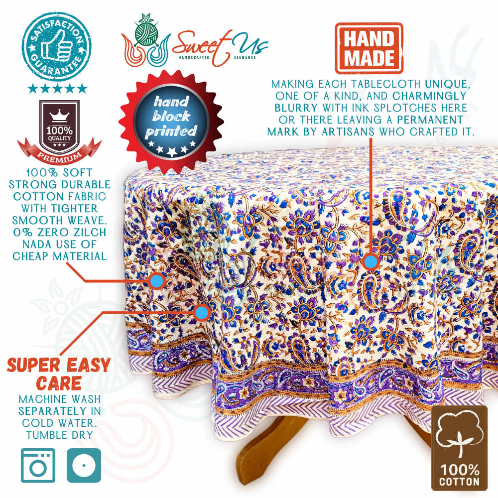 Block Print Tablecloth Round, Floral Paisley Love in Blue, Gold, Purple