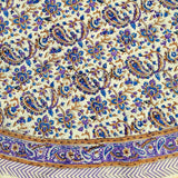 Block Print Tablecloth Round, Floral Paisley Love in Blue, Gold, Purple