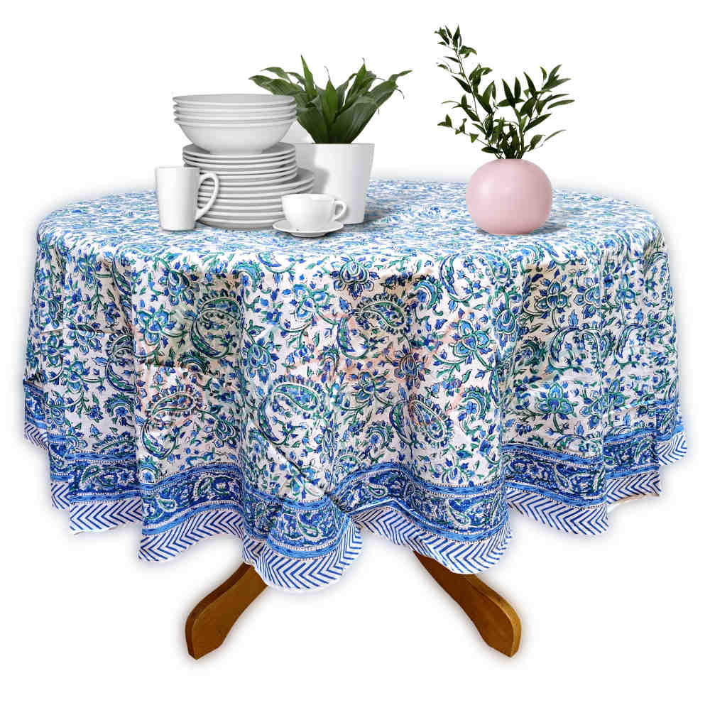 Block Print Tablecloth Round, Floral Paisley Love in Blue, Green, White