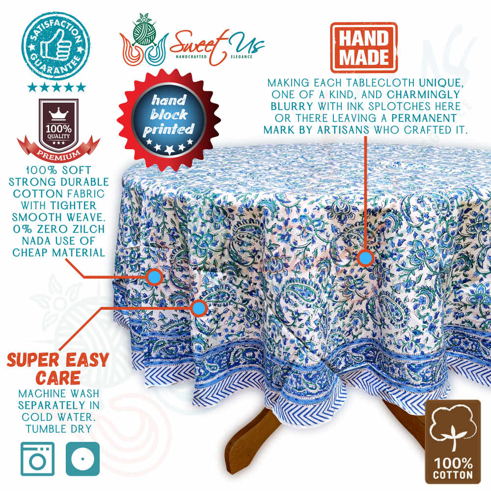 Block Print Tablecloth Round, Floral Paisley Love in Blue, Green, White