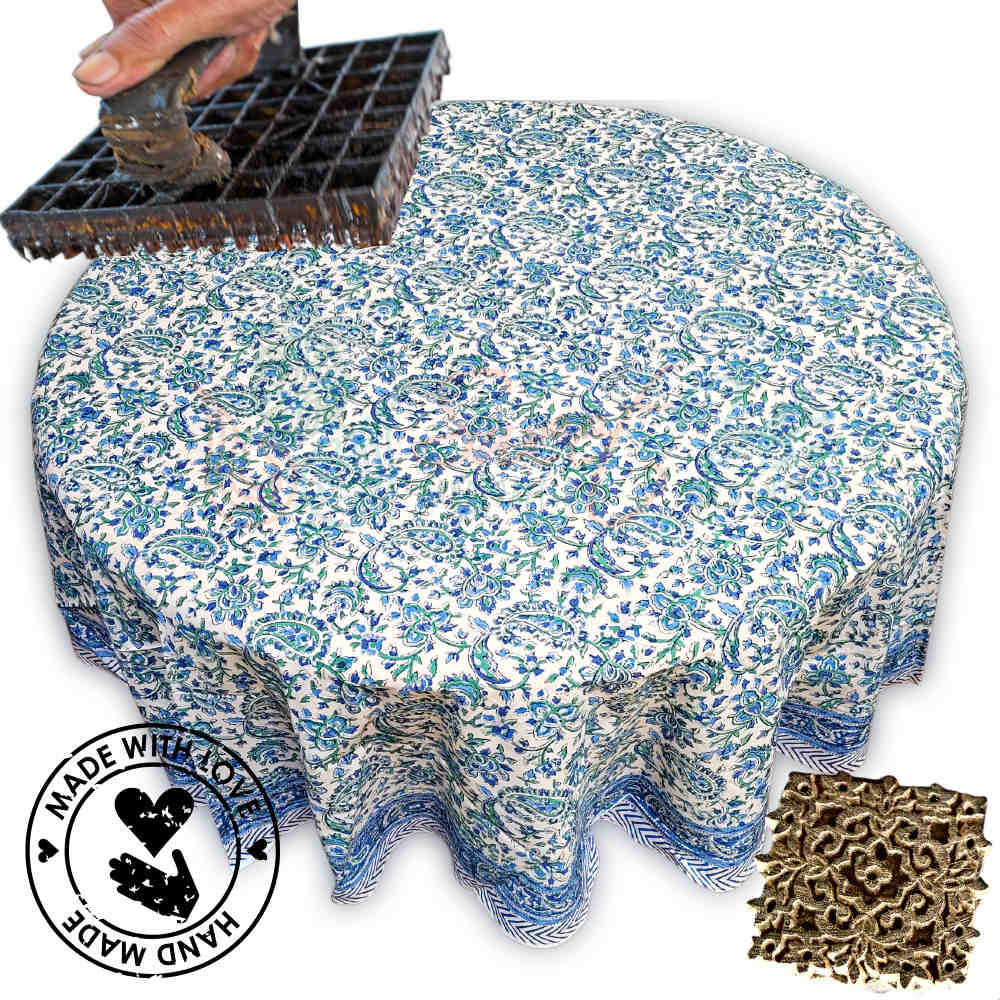 Block Print Tablecloth Round, Floral Paisley Love in Blue, Green, White