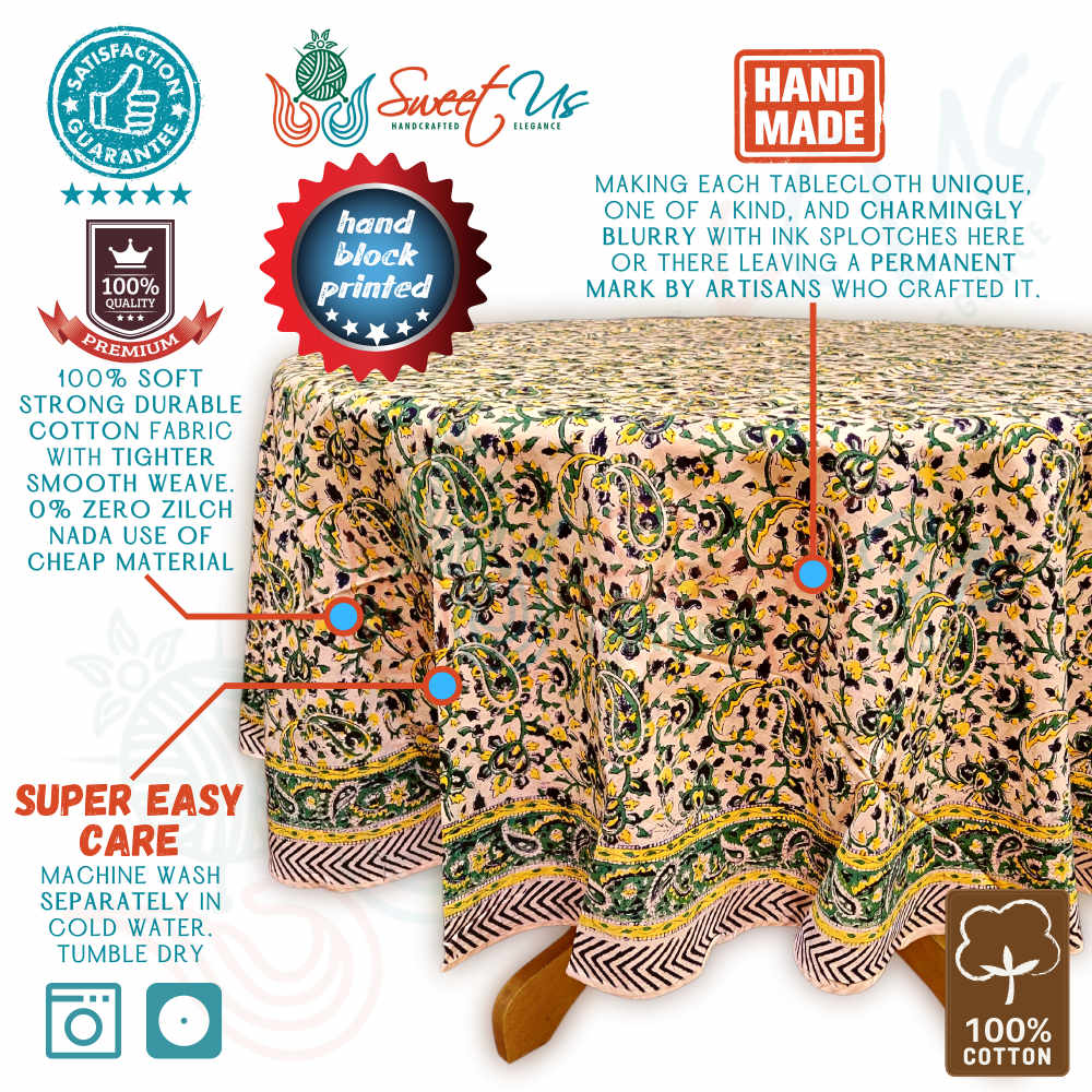 Block Print Tablecloth Round, Floral Paisley Love in Black, Green, Yellow