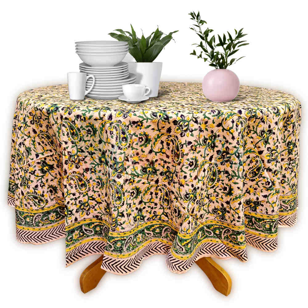 Block Print Tablecloth Round, Floral Paisley Love in Black, Green, Yellow