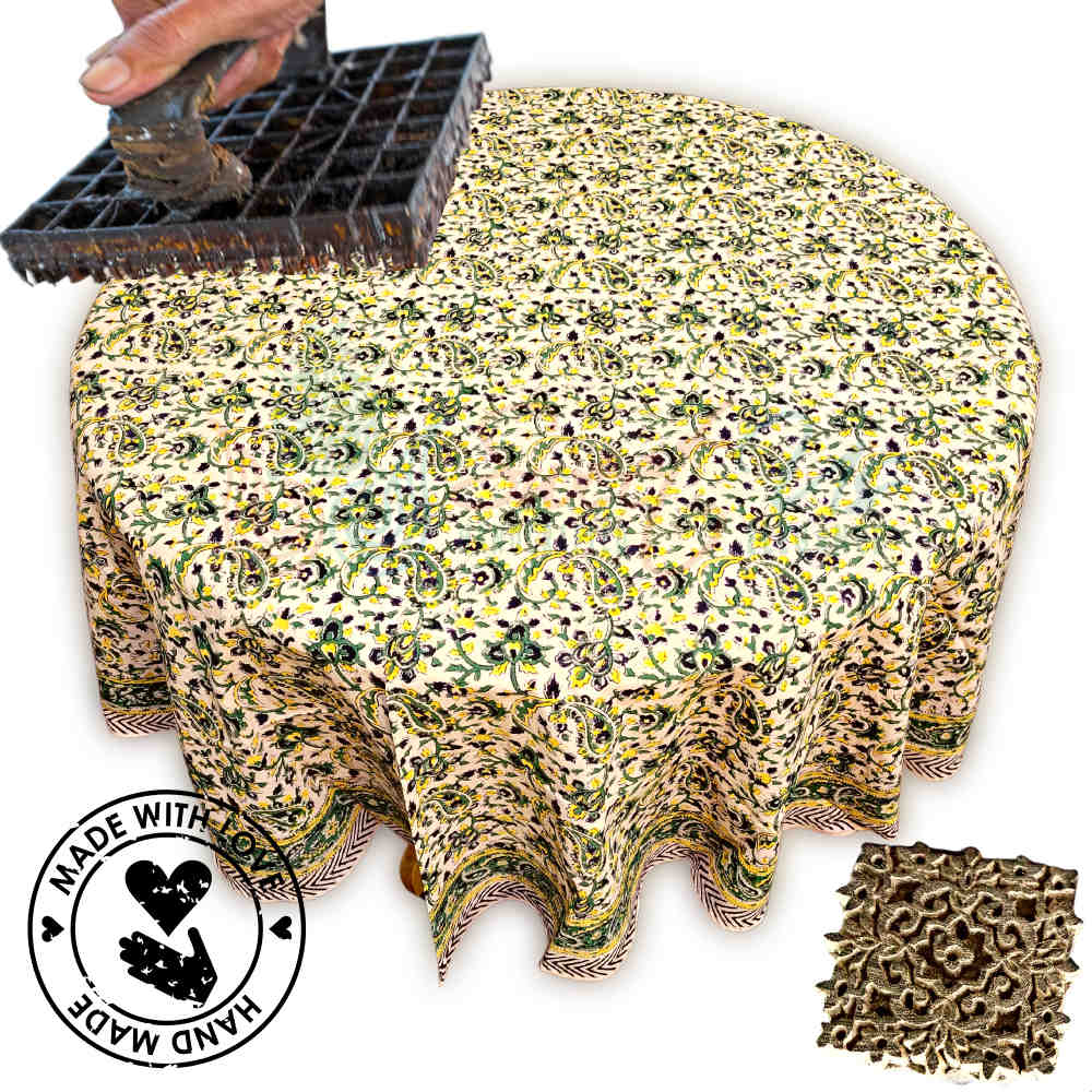 Block Print Tablecloth Round, Floral Paisley Love in Black, Green, Yellow