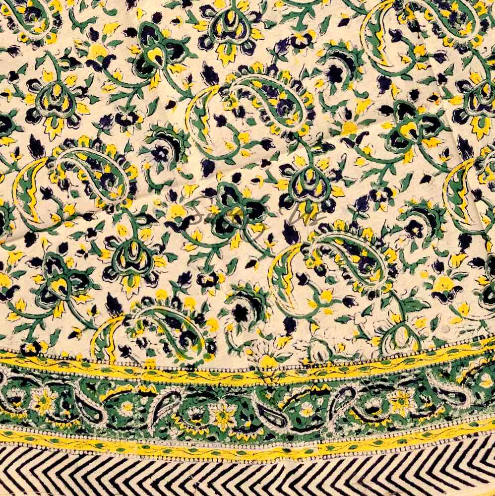 Block Print Tablecloth Round, Floral Paisley Love in Black, Green, Yellow