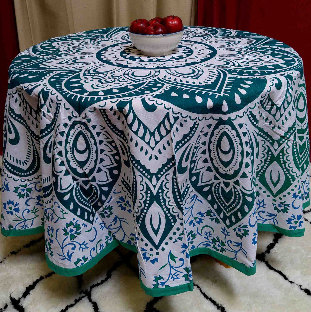 Cotton Blooming Floral Tablecloth Round 81-inch Beach Sheet Beach Throw Green Blue - Sweet Us