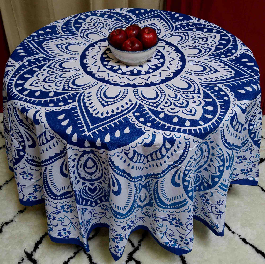 Cotton Blooming Floral Tablecloth Round 81-inch Beach Sheet Beach Throw Green Blue - Sweet Us